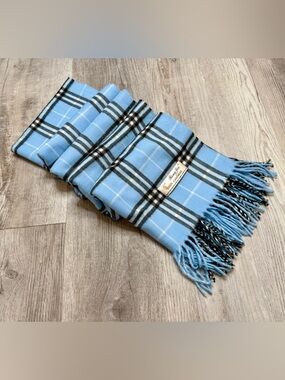Rong Jia Mongolian Cashmere Tartan Plaid Light Blue and Black Wrap XL